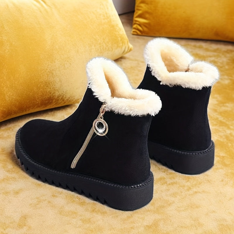 Women'S Winter Snow Boots with Side Zipper & Rhinestone Chain - Thick Rubber Sole, Warm Fleece Lining, Round Toe & Cushioned Insole - Elegant Casual Boots for