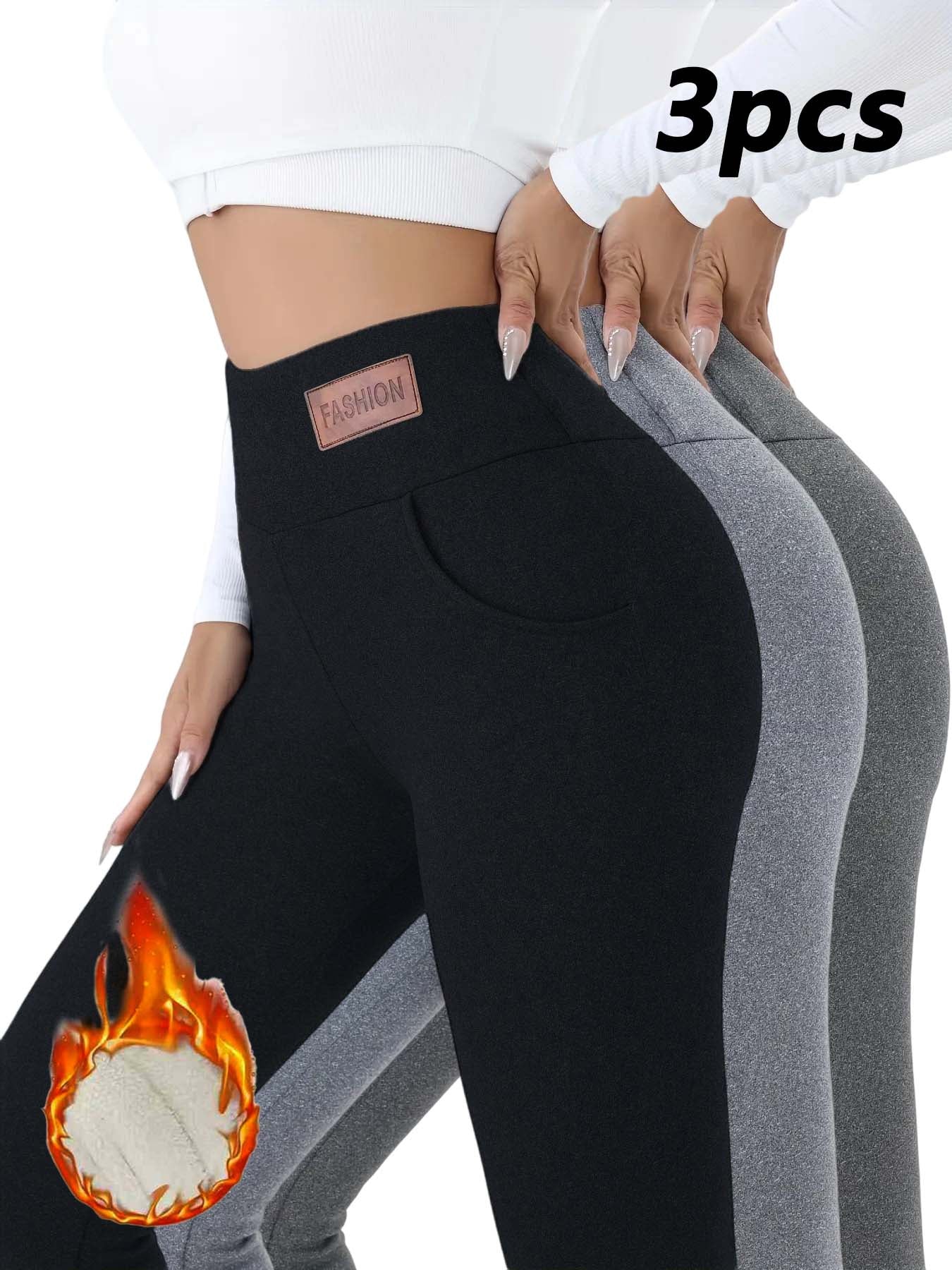 3pcs Women'S High-Waisted Plush-Lined Leggings with Pockets - Soft, Warm, Stretchy & Comfortable for Fitness, Casual Wear, and Outdoor, Solid Color, High Elasticity, Perfect for Fall and Winter, Leggings | Highwaisted Legging