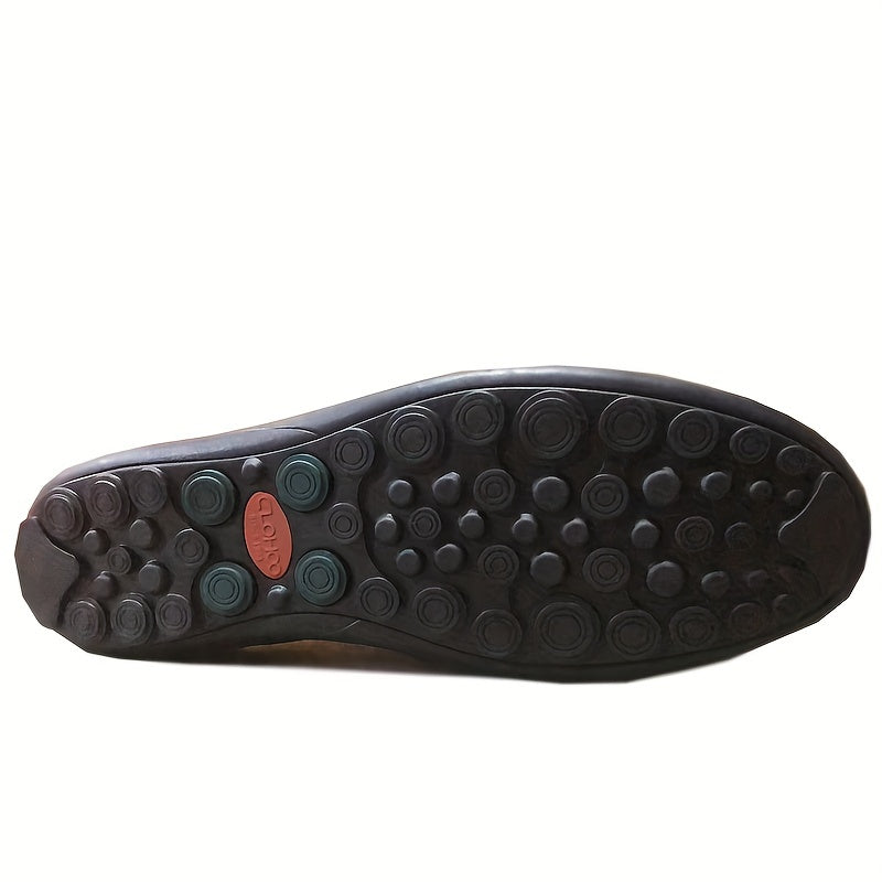 CLOHOO Men's Genuine -like Upper Slip-On Dress Loafers - All-Season Round-Toe Business Casual Shoes with PU, Brown/Black, Durable Rubber Sole for Office, Vacation & Formal Wear (No Laces/Ties)