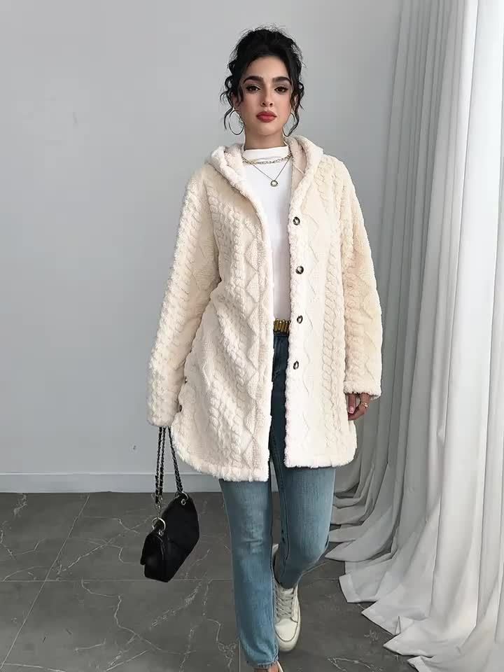 Women's Plush Fuzzy Hooded Cardigan Coat - Luxe Cable--Like Jacket with Button-Front Closure, Soft Beige Winter Sweater for Blouses & Jeans, Hand Washable Mid-Length Outerwear (No Belt)