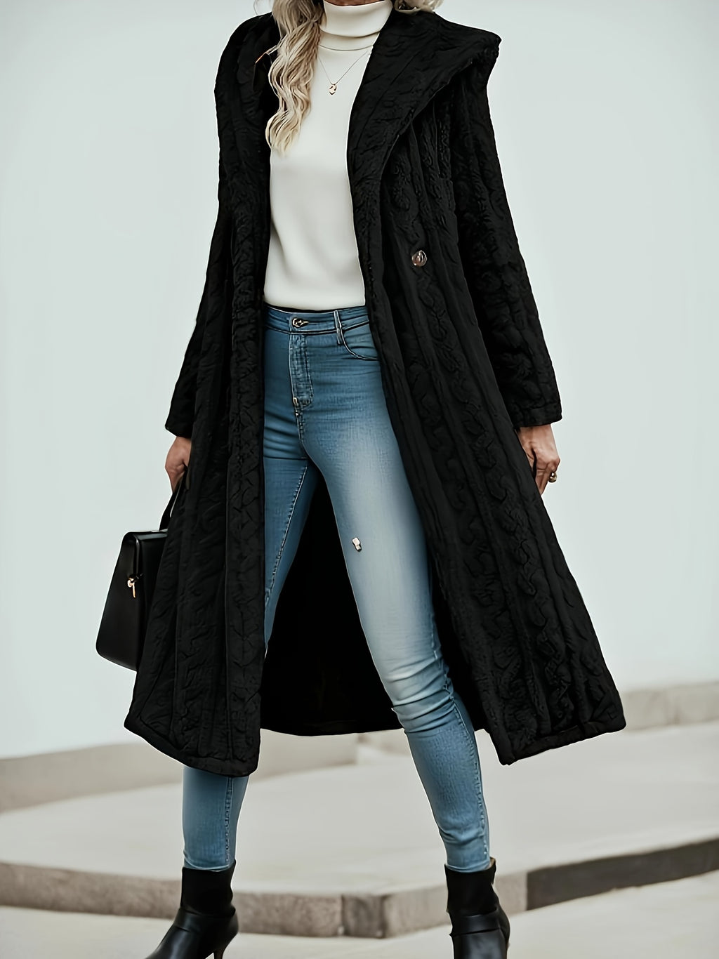 Women's Black Cable Longline Coat: Hooded Design (windproof & Trendy) + Cable Texture (luxurious Quality) + Extra-Long Fit (hides Flaws & Elongates Legs) + Thick & Warm (cold-resistant) + Black Hue (versatile for Any Outfit)
