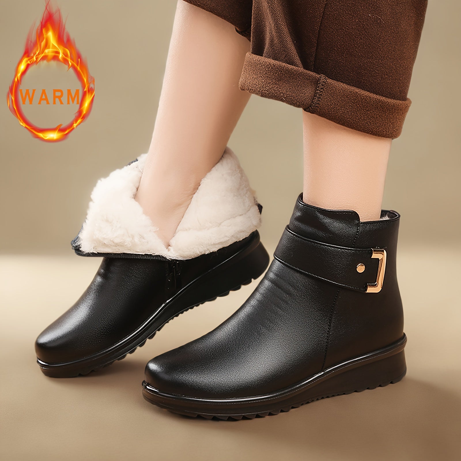 Women's Fleece-Like Winter Boots with Dress Compatibility - Retro Round-Toe Ankle Booties, Golden-Tone Buckle-Like Zipper Closure, Faux Cover Upper & PU Sole, Warm Round Heel for Dresses/Coutfits (Casual/Dressy) - Hand Washab