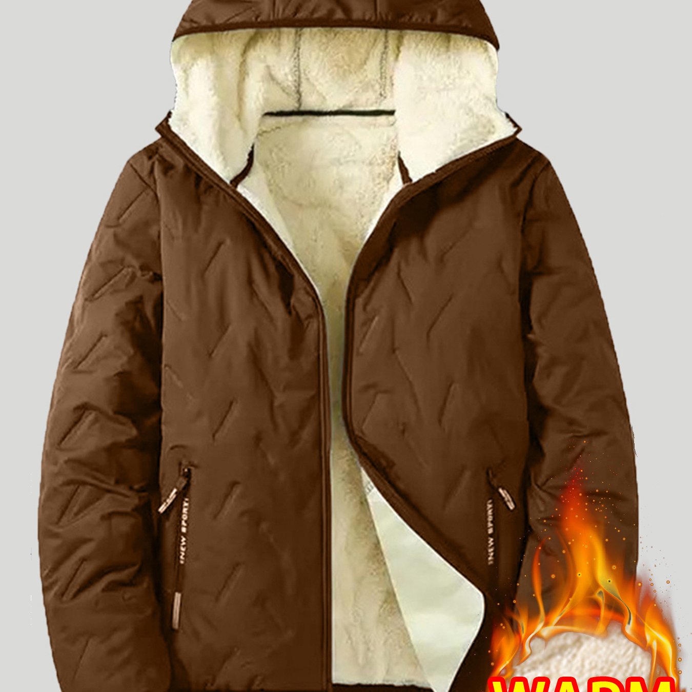 1pc Men'S Thermal Hooded Jacket with Fleece Lining - Winter Warm Coat, Full-Zip Closure & Pockets, Collar, & Insulation for Outdoor Sports, Hiking, Commuting, Gym - Casual Winter Coat for Men (Brown) - Ideal for Cold Weather