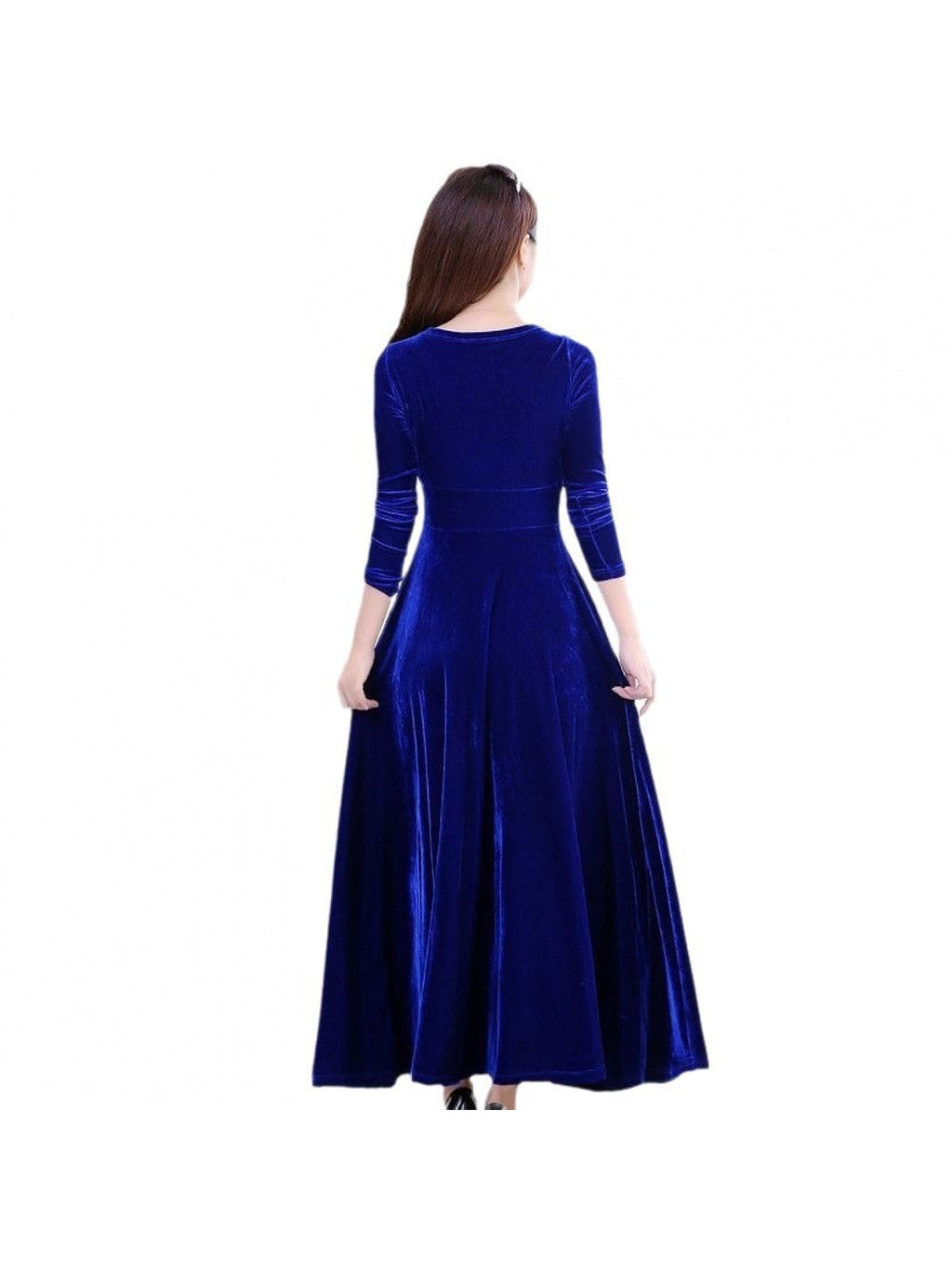 Women'S Elegant Navy Formal & party dress - Long Sleeve flared gown, V-Neck Evening Gown for Galas, Awards, Everyday - Fall Winter Formal Attire