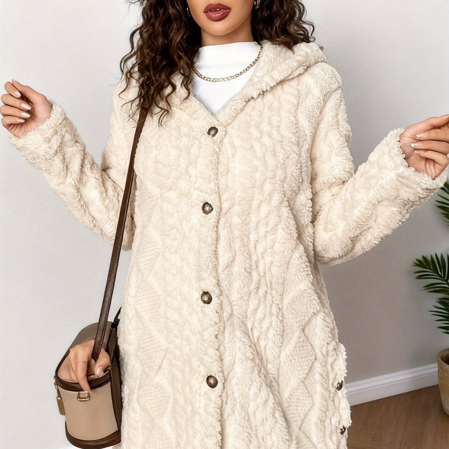 Women's Plush Fuzzy Hooded Cardigan Coat - Luxe Cable--Like Jacket with Button-Front Closure, Soft Beige Winter Sweater for Blouses & Jeans, Hand Washable Mid-Length Outerwear (No Belt)