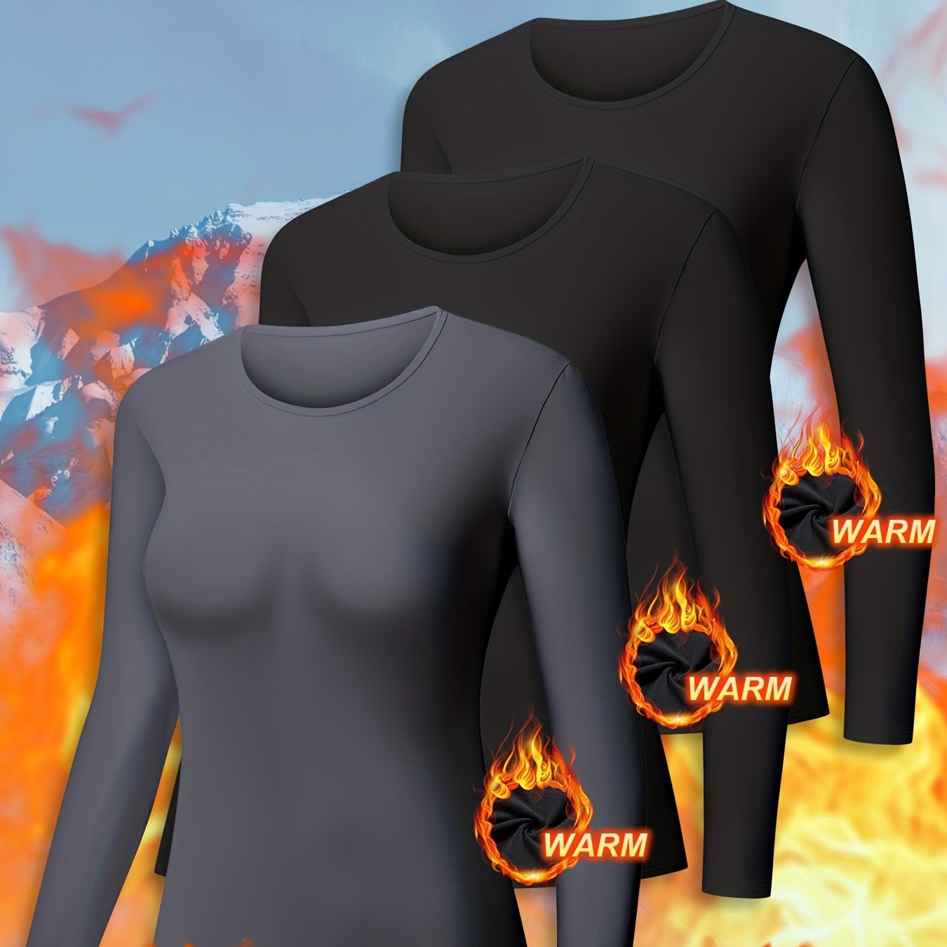 3pcs Women's Thermal Tops Fleece Lined Base Layer Soft Stretchy Long Sleeve Undershirts for Cold Weather, Winter Essentials, Layering Basics, Cozy Loungewear, Minimalist Style, Comfortable Fit, Fleece Undershirt, Women's Fash