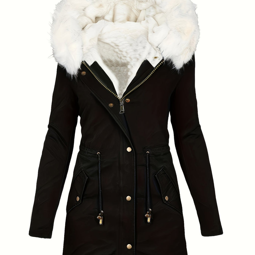 Womens Chic Thermal Parka Coat with Faux Fur Hood - Zip & Button Closure, Front Pockets, Ideal for Cold Weather