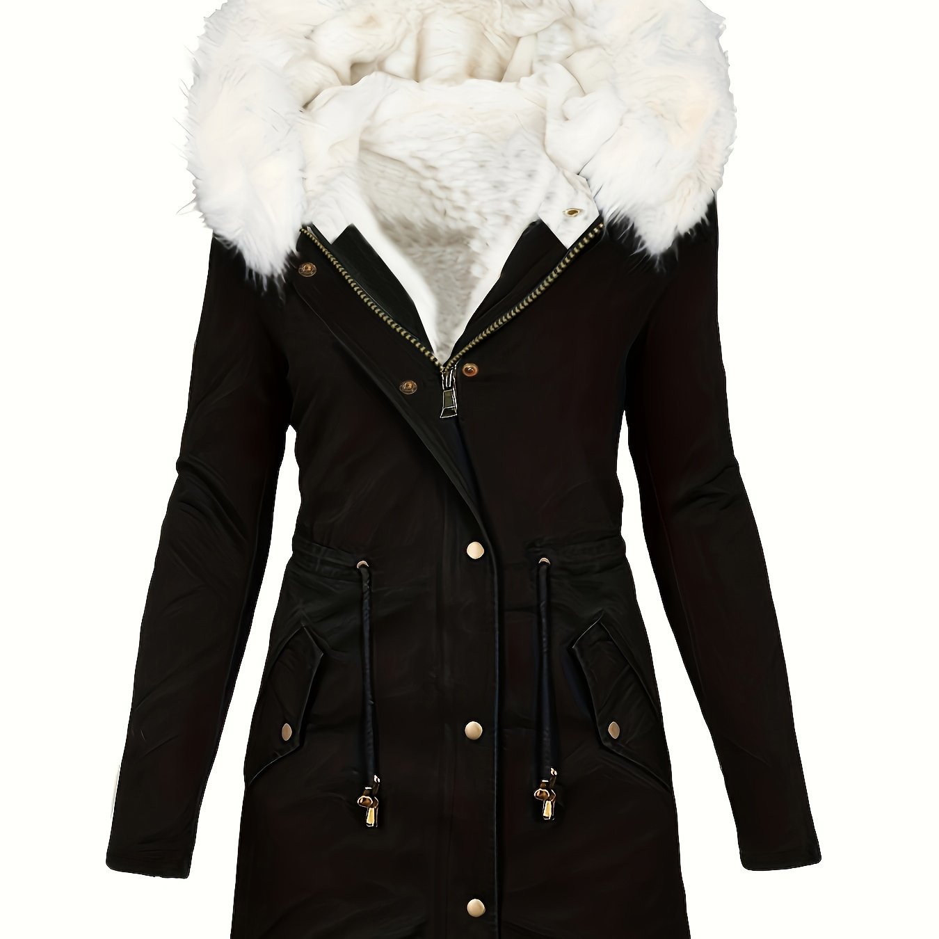 Womens Chic Thermal Parka Coat with Faux Fur Hood - Zip & Button Closure, Front Pockets, Ideal for Cold Weather