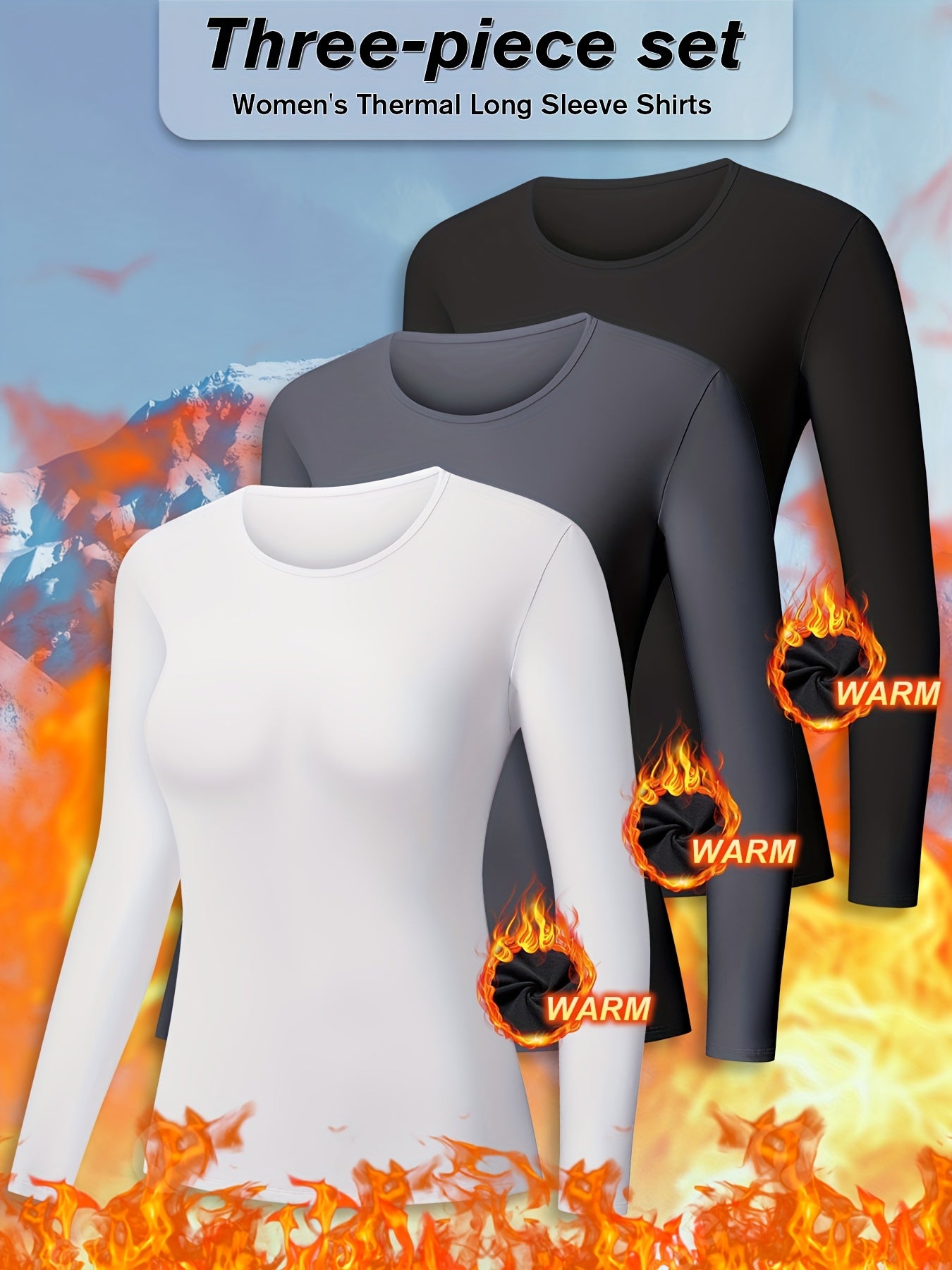 3pcs Women's Thermal Tops Fleece Lined Base Layer Soft Stretchy Long Sleeve Undershirts for Cold Weather, Winter Essentials, Layering Basics, Cozy Loungewear, Minimalist Style, Comfortable Fit, Fleece Undershirt, Women's Fash