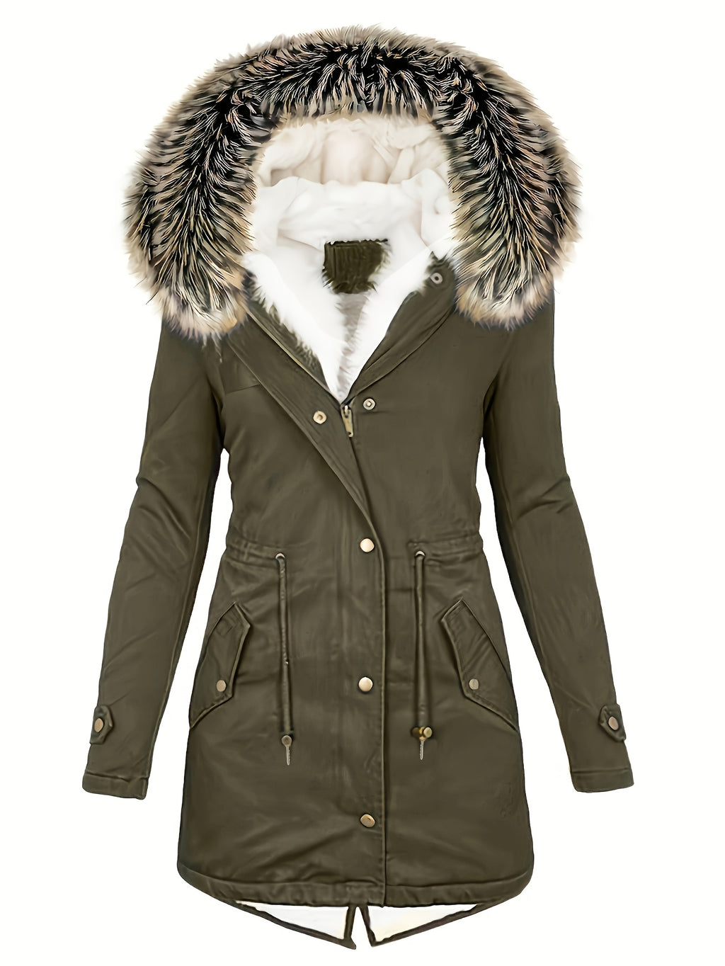 Women'S Thermal Insulated Fleece-Lined Military Parka Coat with Detachable Faux Fur Hood & High Quality High Quality Fabric - Heavy-Duty Winter Jacket, Full-Zip Closure, Golden-Tone Hardware, Utility Pockets, Adjustable Draws