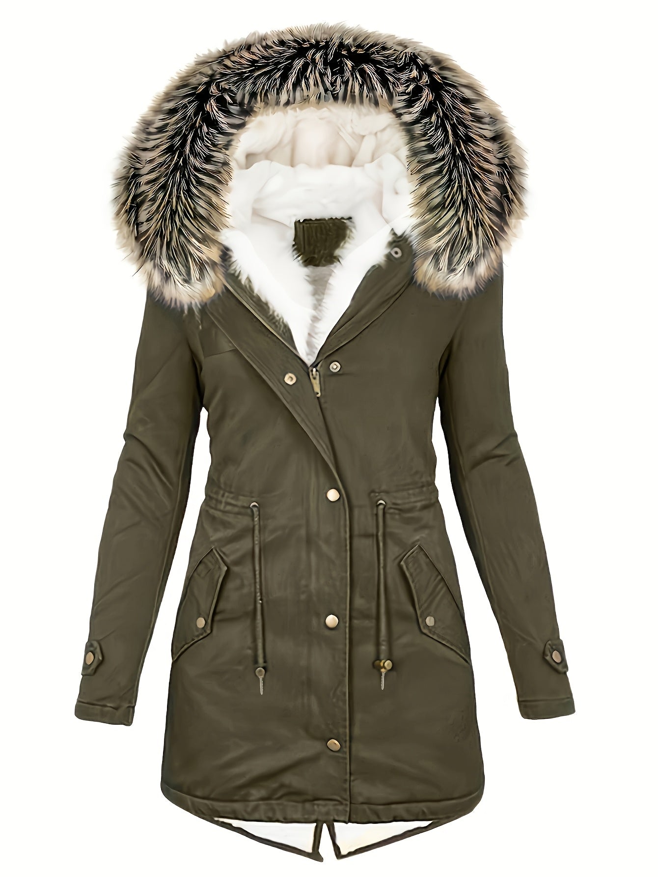Women'S Thermal Insulated Fleece-Lined Military Parka Coat with Detachable Faux Fur Hood & High Quality High Quality Fabric - Heavy-Duty Winter Jacket, Full-Zip Closure, Golden-Tone Hardware, Utility Pockets, Adjustable Draws