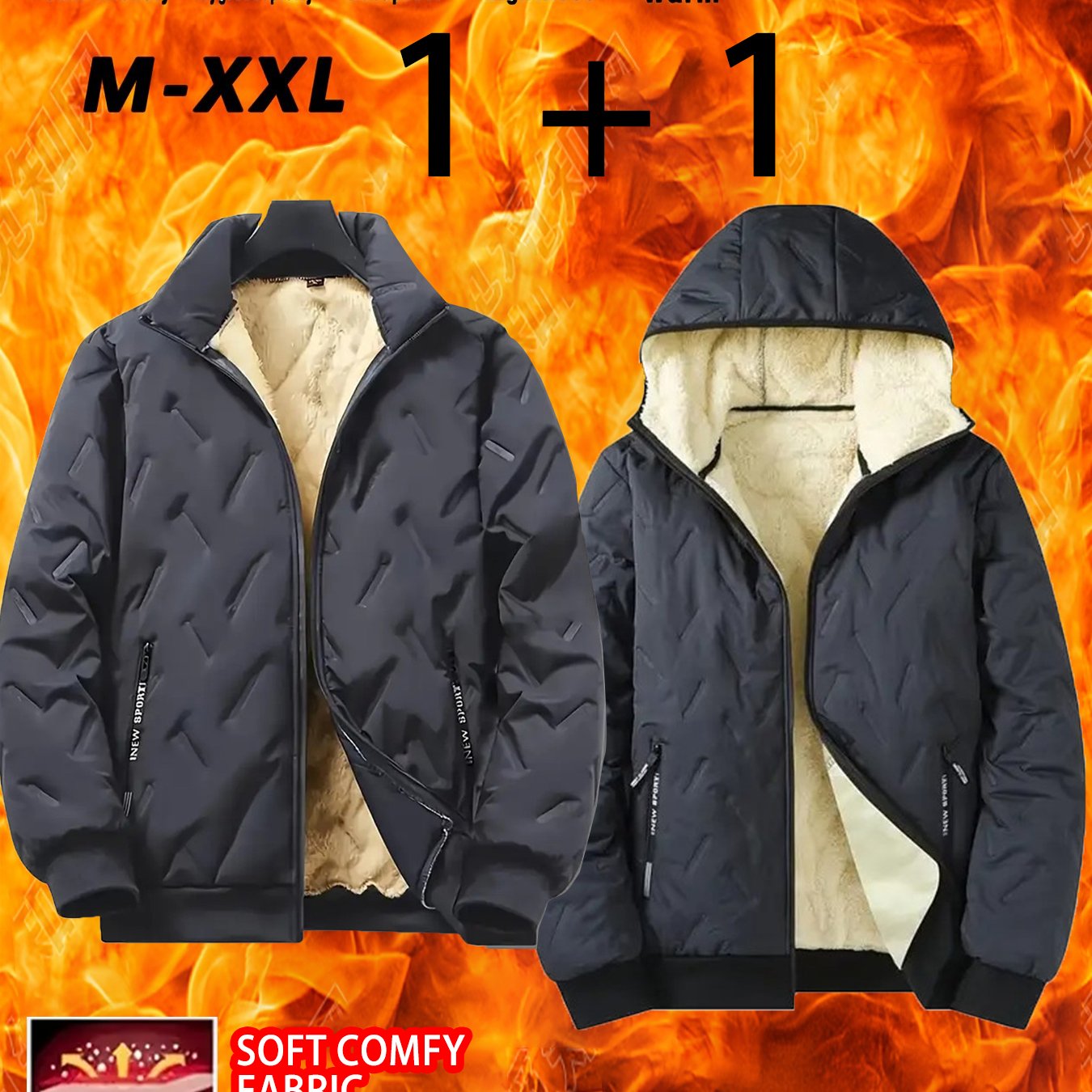 2pcs - High quality two-piece Men's standing collar jacket, long sleeved jacket, Men's hooded long sleeved jacket, Men's winter casual jacket set, with plush lining polyester fabric zipper pocket, suitable for sports, leisure