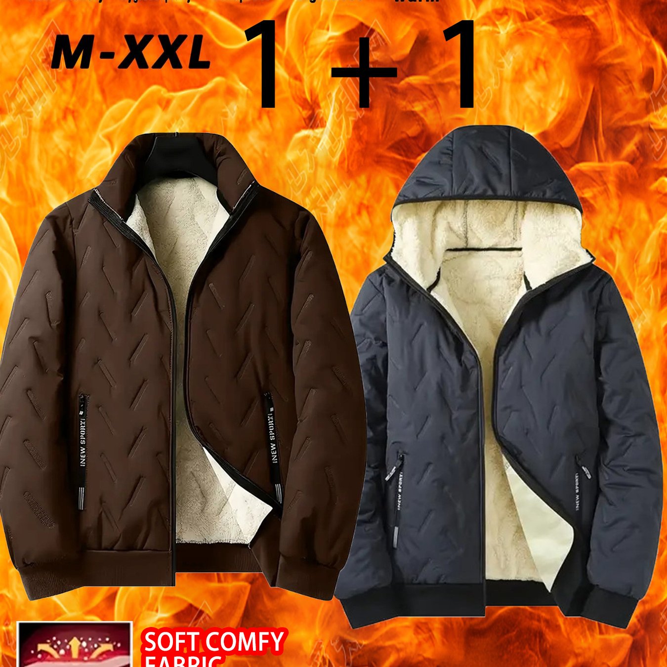 2pcs - High quality two-piece Men's standing collar jacket, long sleeved jacket, Men's hooded long sleeved jacket, Men's winter casual jacket set, with plush lining polyester fabric zipper pocket, suitable for sports, leisure