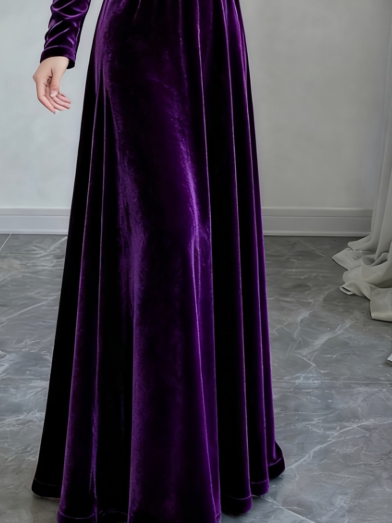 Women'S Elegant Navy Formal & party dress - Long Sleeve flared gown, V-Neck Evening Gown for Galas, Awards, Everyday - Fall Winter Formal Attire