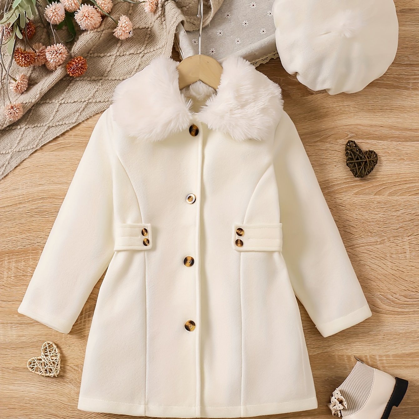 Girls' Luxurious Winter Coat Set - Elegant Dress Coats with Fur Collar, Button Front, and Matching Hat - Warm, Stylish, and Chic Outerwear for Cold Weather