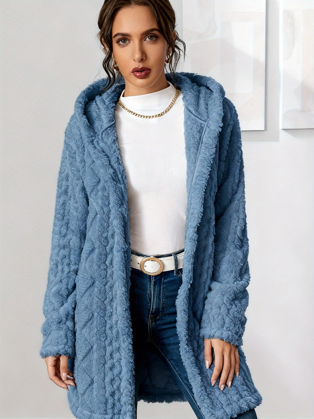 Women's Plush Fuzzy Hooded Cardigan Coat - Luxe Cable--Like Jacket with Button-Front Closure, Soft Beige Winter Sweater for Blouses & Jeans, Hand Washable Mid-Length Outerwear (No Belt)