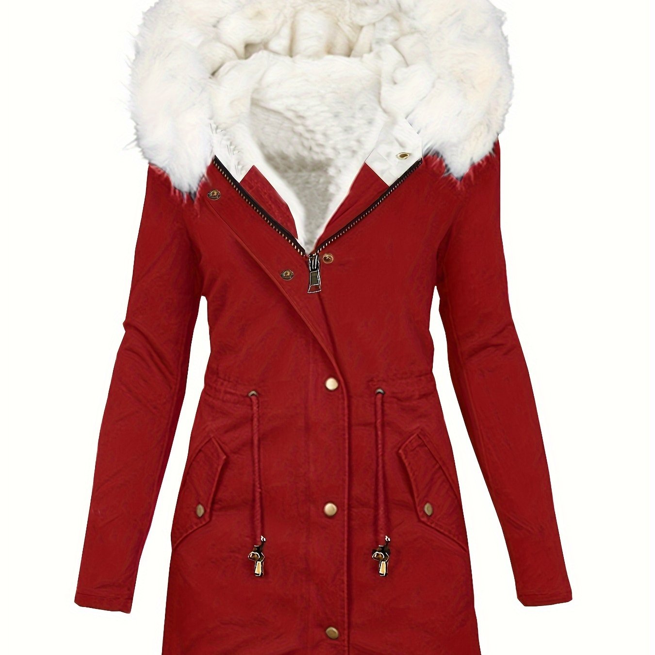 Womens Chic Thermal Parka Coat with Faux Fur Hood - Zip & Button Closure, Front Pockets, Ideal for Cold Weather