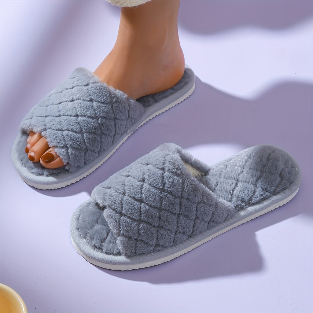Cozy Plush Slippers - Soft Fabric Inner, Slip-Resistant EVA Sole, Plaid Pattern, Open-Toe Design, Non-Slip Flat Soft Sole, Fluffy Slides for Indoor Warmth and Comfort - Perfect for Cold Winter Days