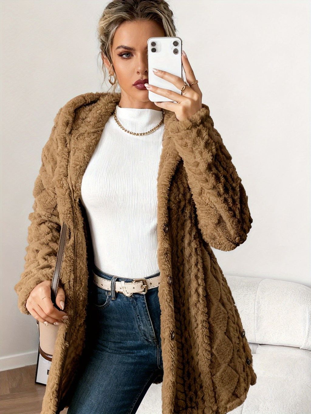Women's Plush Fuzzy Hooded Cardigan Coat - Luxe Cable--Like Jacket with Button-Front Closure, Soft Beige Winter Sweater for Blouses & Jeans, Hand Washable Mid-Length Outerwear (No Belt)