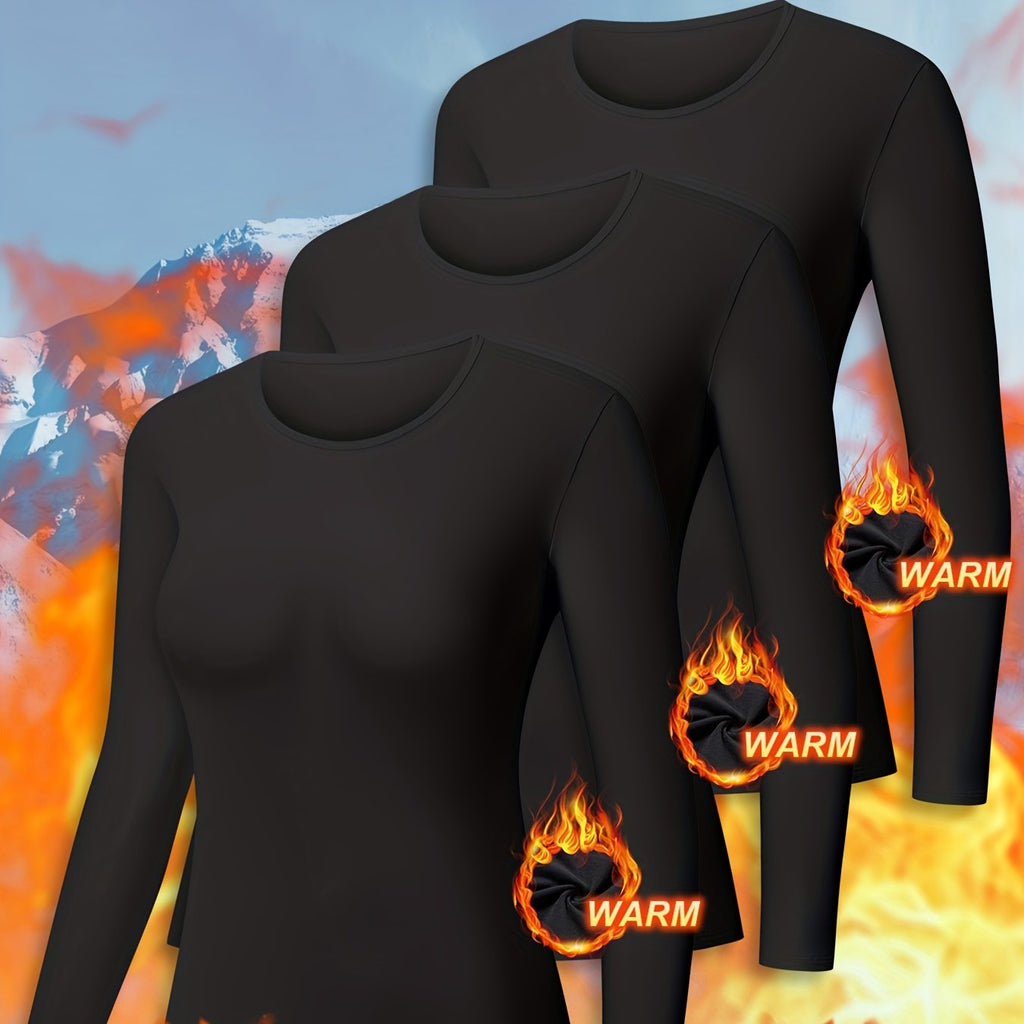 3pcs Women's Thermal Tops Fleece Lined Base Layer Soft Stretchy Long Sleeve Undershirts for Cold Weather, Winter Essentials, Layering Basics, Cozy Loungewear, Minimalist Style, Comfortable Fit, Fleece Undershirt, Women's Fash