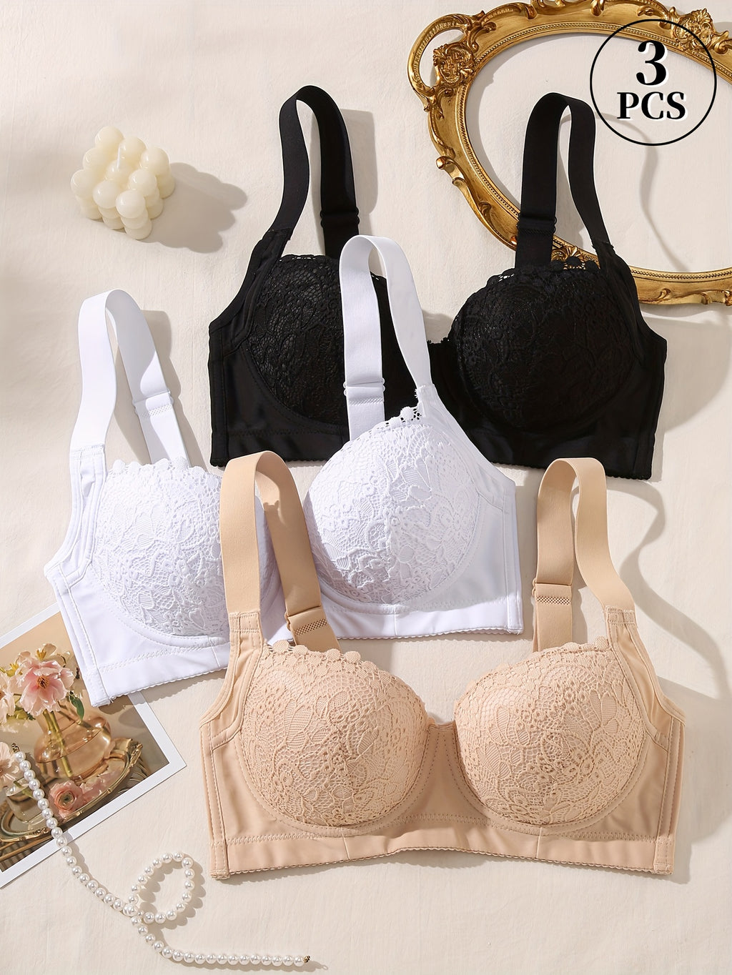 3pcs Elegant Ladies Sexy Lace Bra with Steel Cup - Non-detachable Pads, Exquisite Floral Pattern, Comfortable Support Design, Everyday Lingerie, Women's Undergarments, Feminine Lingerie, Stylish Bralettes, Delicate Stitching,