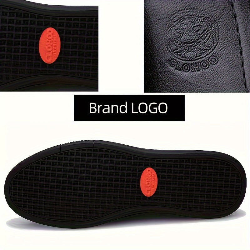 CLOHOO Men's Slip-On/Slip-Resistant Genuine Leather-like (Split Cowhide) Shoes - All-Season Casual & Dressy -like Sneakers with PU, Non-Skid Rubber Sole, Black/Brown for Business, Vacation, Casual Attire (No Laces)