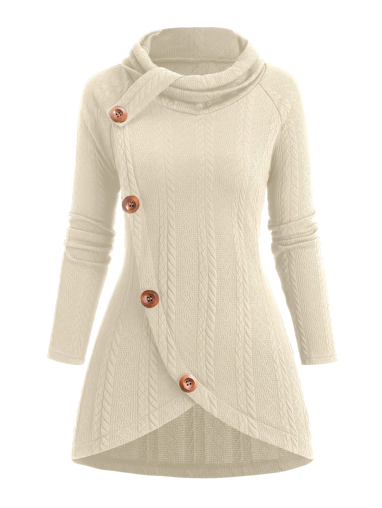 Women'S Casual Knit Cardigan, Asymmetrical High Neck Long Sleeve Top with Decorative Buttons, Solid Color Polyester 95% Spandex 5% Fall/Winter Outerwear, 320g/m² Fabric Weight