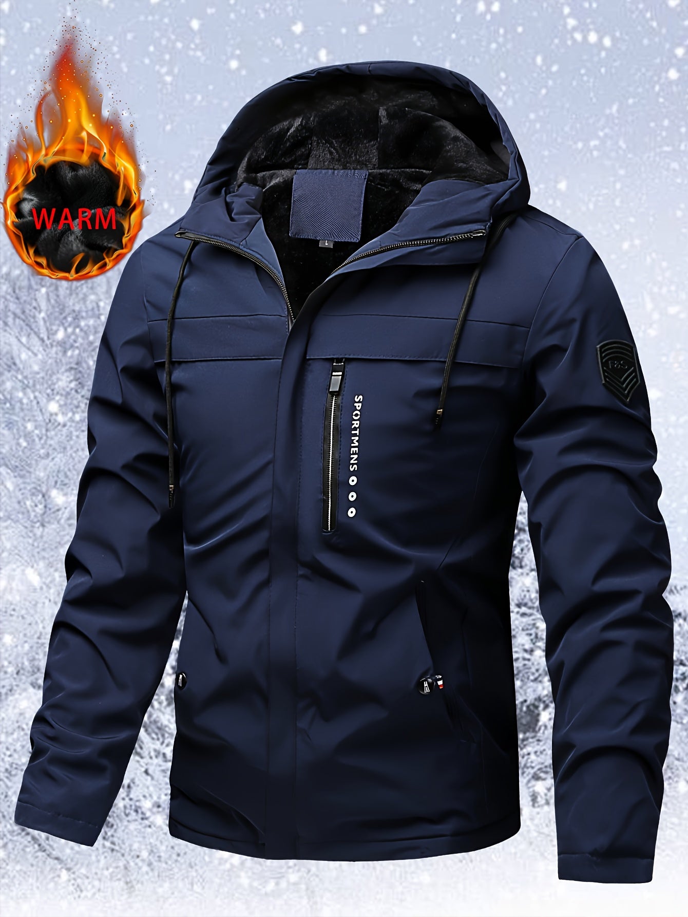 Men's Heavy-Duty Windproof Winter Jacket with Full-Zip Hooded Hoodie, & Snowboard Coat - Machine Washable Cold Weather Gear, Long Sleeve Zippered Pockets (No Belt) for Hiking, Snow Travel - Black/Blue Color Options (