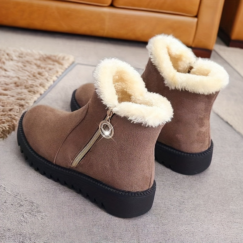 Women'S Winter Snow Boots with Side Zipper & Rhinestone Chain - Thick Rubber Sole, Warm Fleece Lining, Round Toe & Cushioned Insole - Elegant Casual Boots for