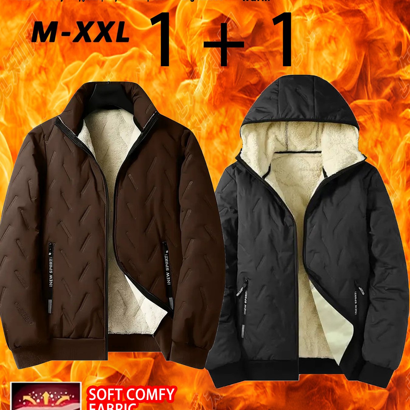 2pcs - High quality two-piece Men's standing collar jacket, long sleeved jacket, Men's hooded long sleeved jacket, Men's winter casual jacket set, with plush lining polyester fabric zipper pocket, suitable for sports, leisure