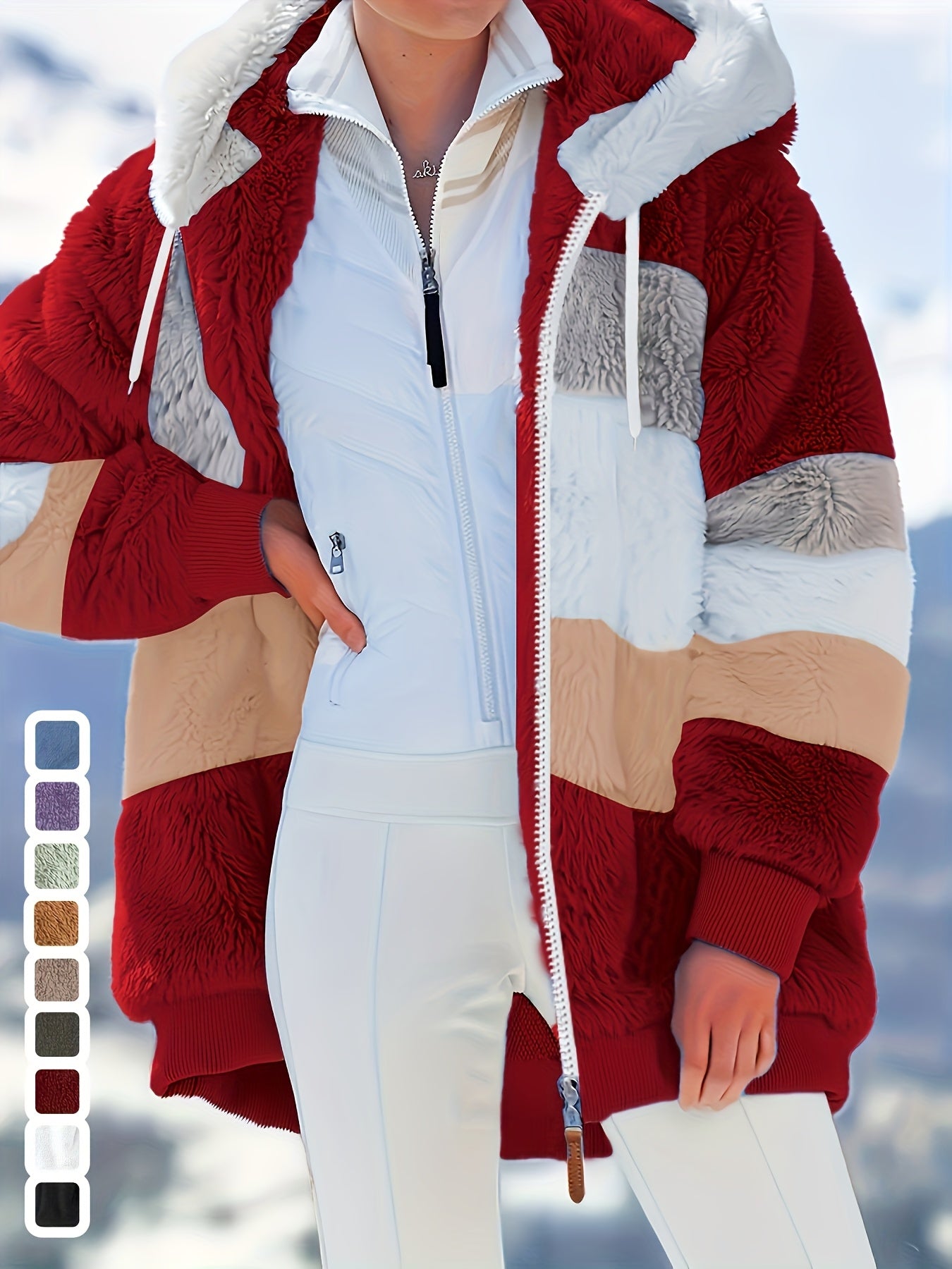 Women's Winter Plaid -Lined Hooded Jacket - Burgundy/Beige//White/Black/Grey/Green/Brown, Loose-Fit Coat with, Machine Washable & Snow Jacket for Cold Weather (Multi-Color Options)