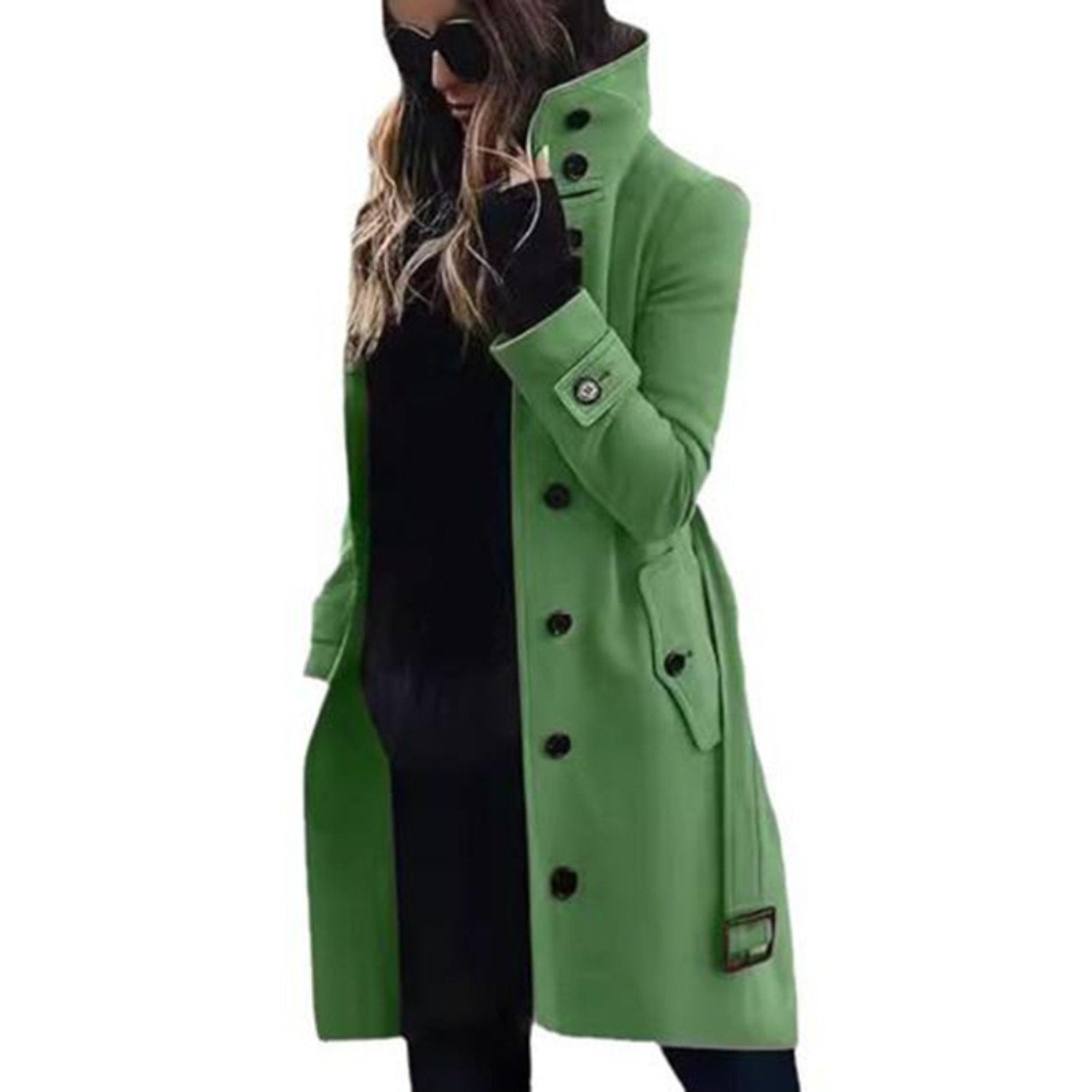 Women's Elegant Single-Breasted Stand Collar Winter Pea Coat - Long Midi Length Jacket with Pockets, Solid Color Business Casual Outerwear for or Cold Weather, Hand Washable Coat