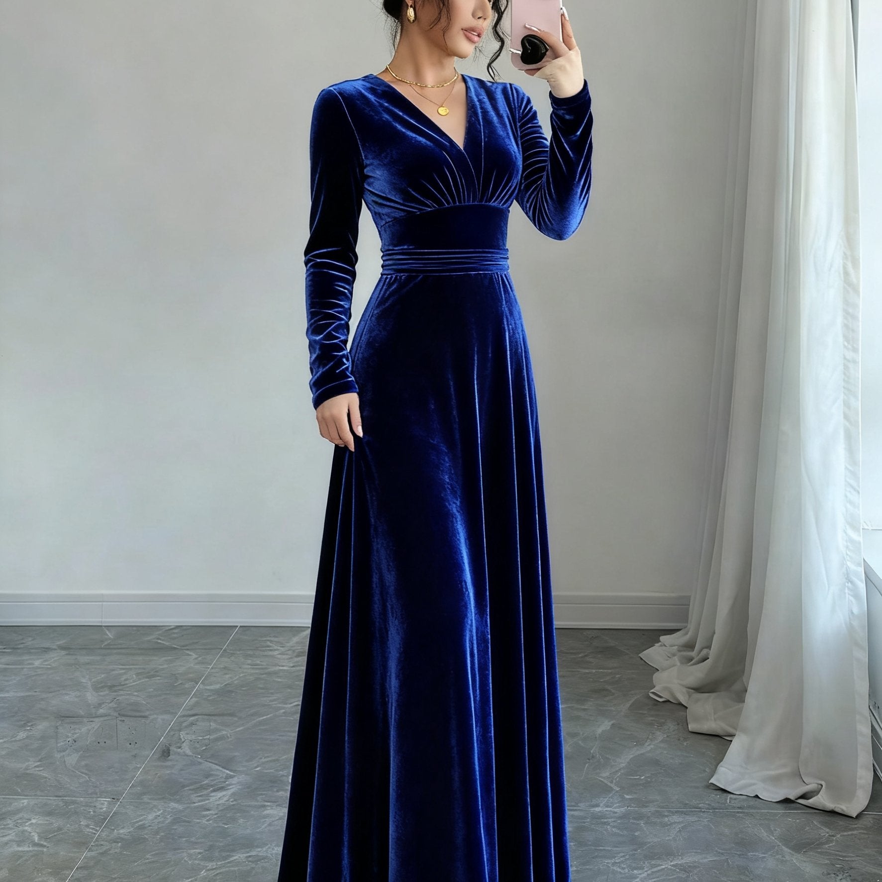 Women'S Elegant Navy Formal & party dress - Long Sleeve flared gown, V-Neck Evening Gown for Galas, Awards, Everyday - Fall Winter Formal Attire