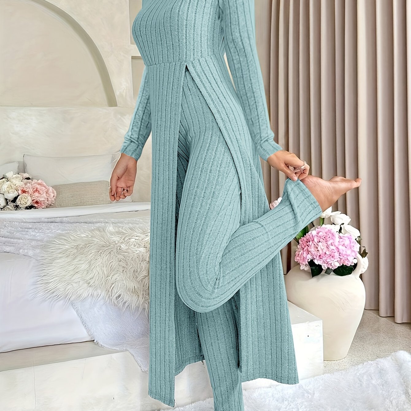 [Targeted]Two-piece Set of Ribbed Long-sleeved Top and Pants for Women