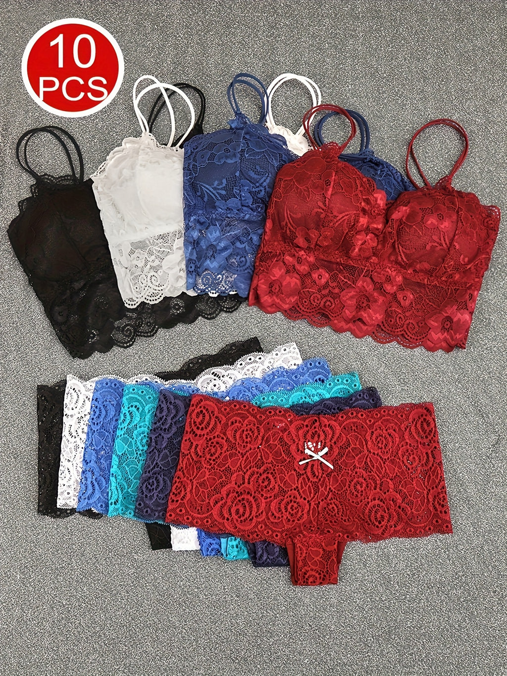 10pcs Of Women'S Underwear And Panties Combination Set Without Steel Rims, Comfortable Daily Exquisite Lace Bra Base, Beautiful Back, Seamless Suspender with Chest Cushion, Detachable Bra, Lace Underwear, Women'S Underwear An