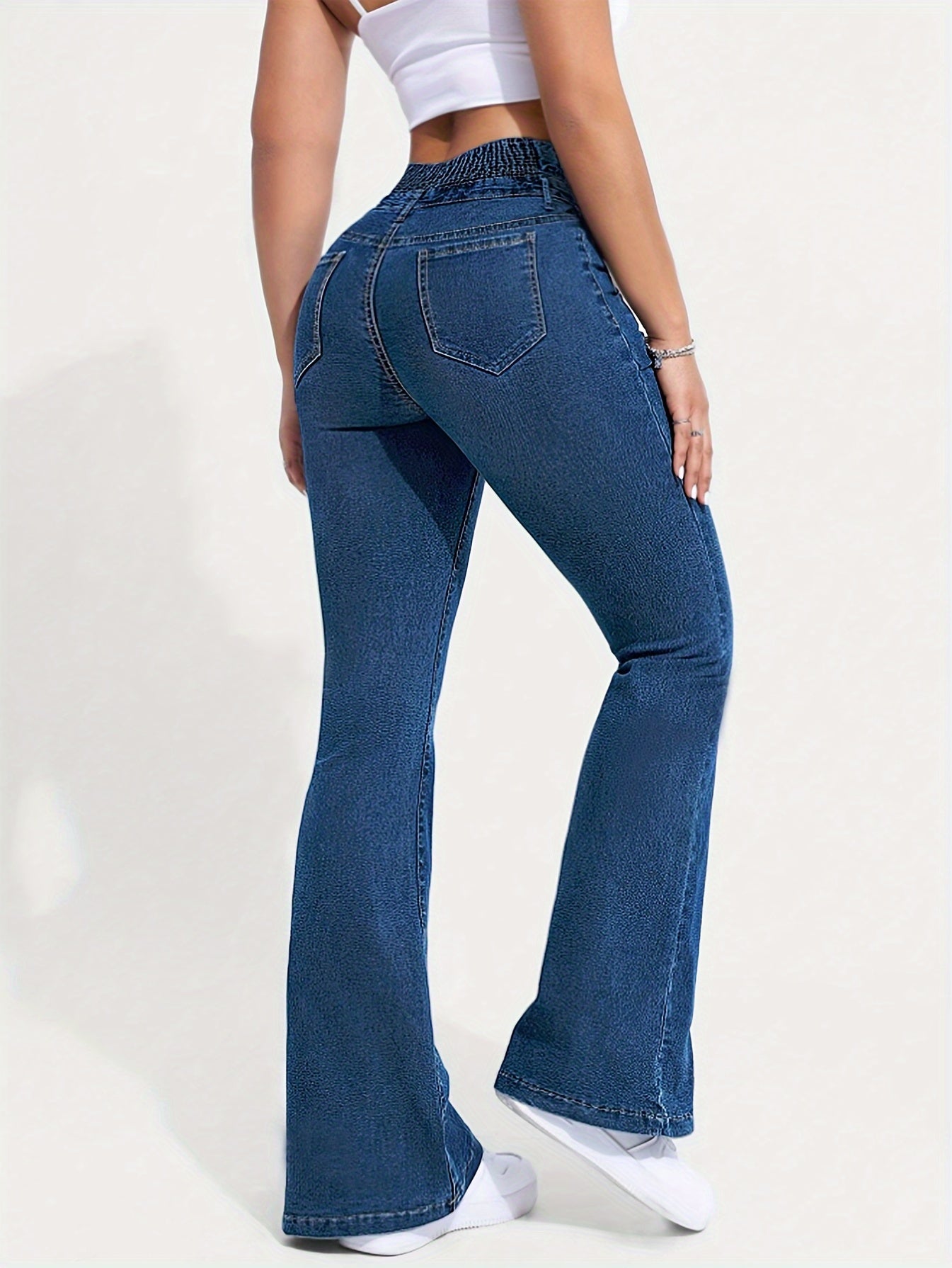 High Waist Flare Leg Jeans for Women, Vintage Style, with Shirring Detail, Button Fly and Zipper Closure, Multiple Pockets, Washed Solid Blue Denim, Elastic High Stretch, for All-Season Wear