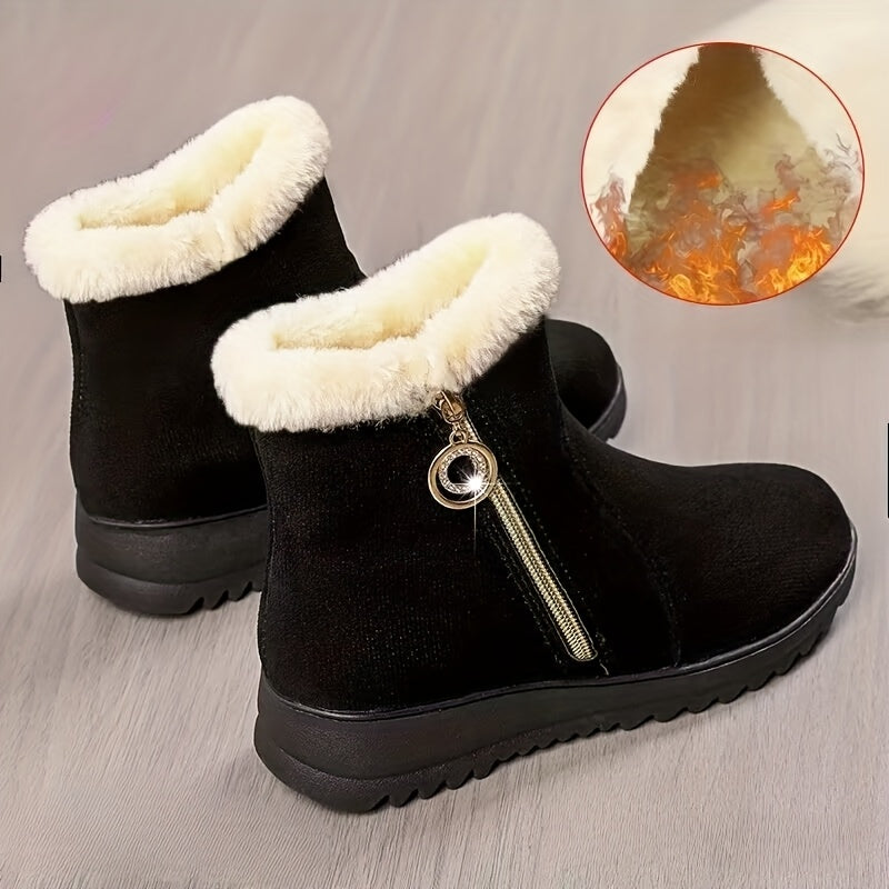 Women'S Winter Snow Boots with Side Zipper & Rhinestone Chain - Thick Rubber Sole, Warm Fleece Lining, Round Toe & Cushioned Insole - Elegant Casual Boots for