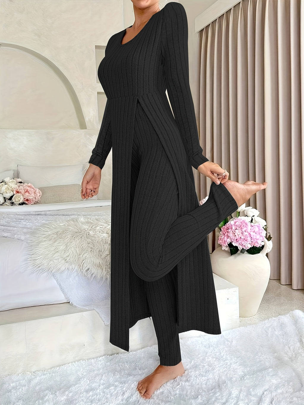 [Targeted]Two-piece Set of Ribbed Long-sleeved Top and Pants for Women