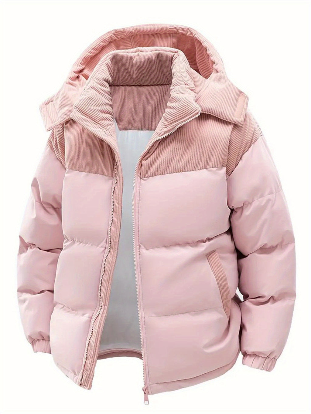 1pc Men'S Winter Hooded Casual Fleece Jacket - Color Block Design, Detachable Hood, Warm Polyester Fill, Zip-Up Front, Regular Fit for Men & Women, Cozy Couple'S Outerwear, Winter Hooded Jacket, Cozy Clothing, Durable Zipper