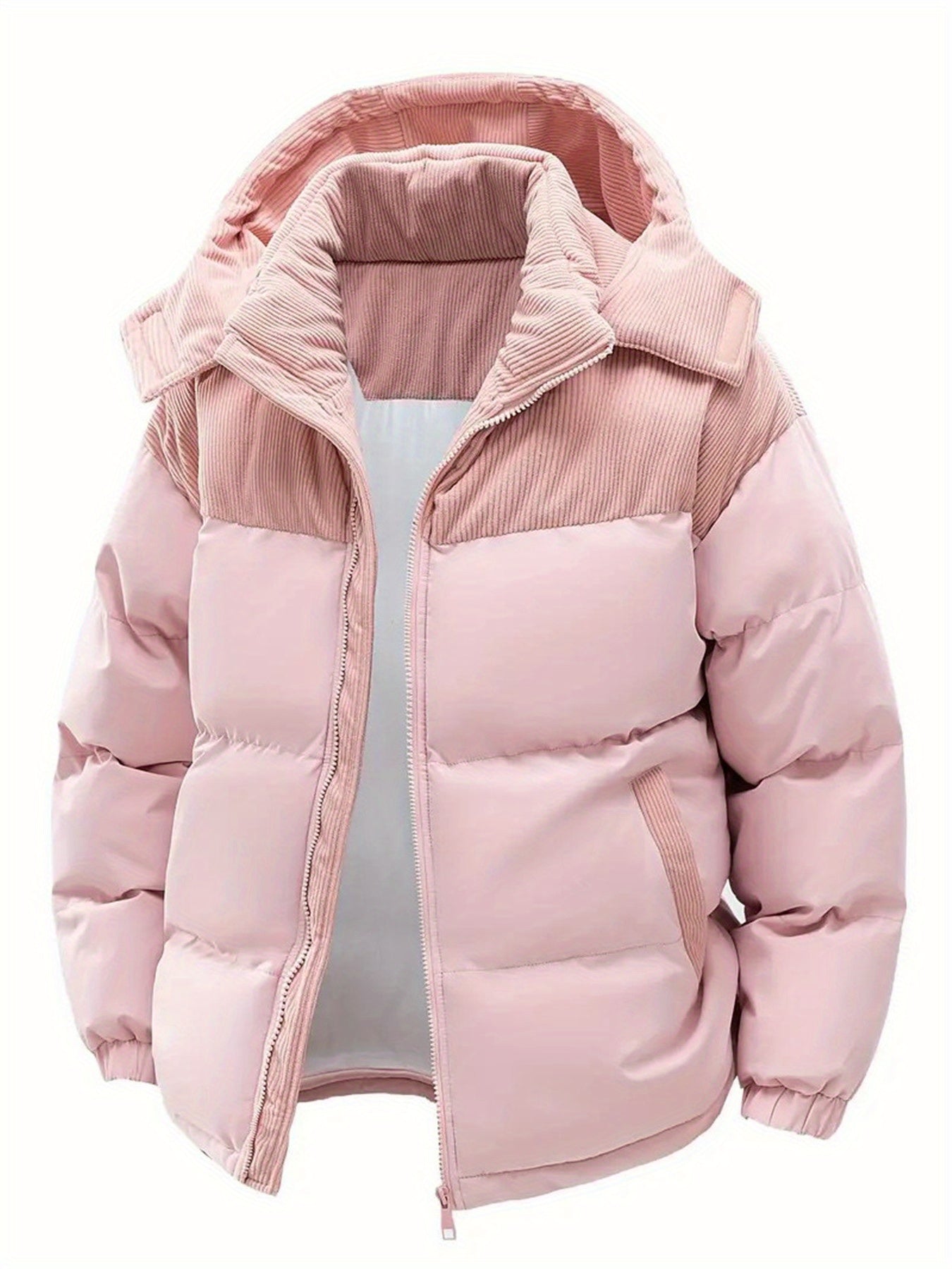 1pc Men'S Winter Hooded Casual Fleece Jacket - Color Block Design, Detachable Hood, Warm Polyester Fill, Zip-Up Front, Regular Fit for Men & Women, Cozy Couple'S Outerwear, Winter Hooded Jacket, Cozy Clothing, Durable Zipper