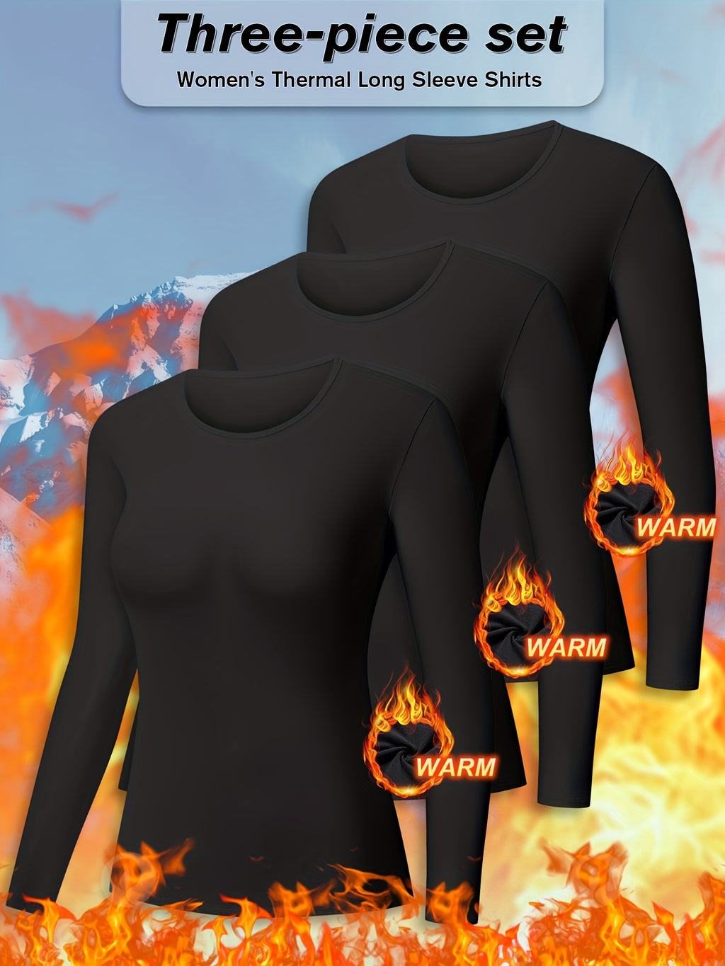 3pcs Women's Thermal Tops Fleece Lined Base Layer Soft Stretchy Long Sleeve Undershirts for Cold Weather, Winter Essentials, Layering Basics, Cozy Loungewear, Minimalist Style, Comfortable Fit, Fleece Undershirt, Women's Fash