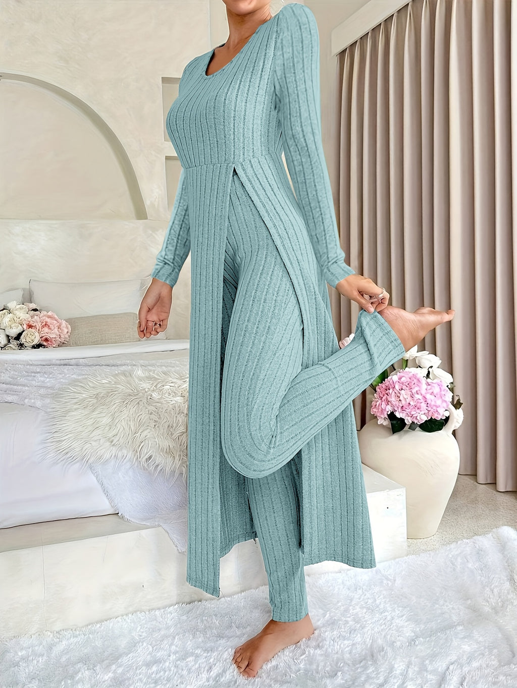 [Targeted]Two-piece Set of Ribbed Long-sleeved Top and Pants for Women