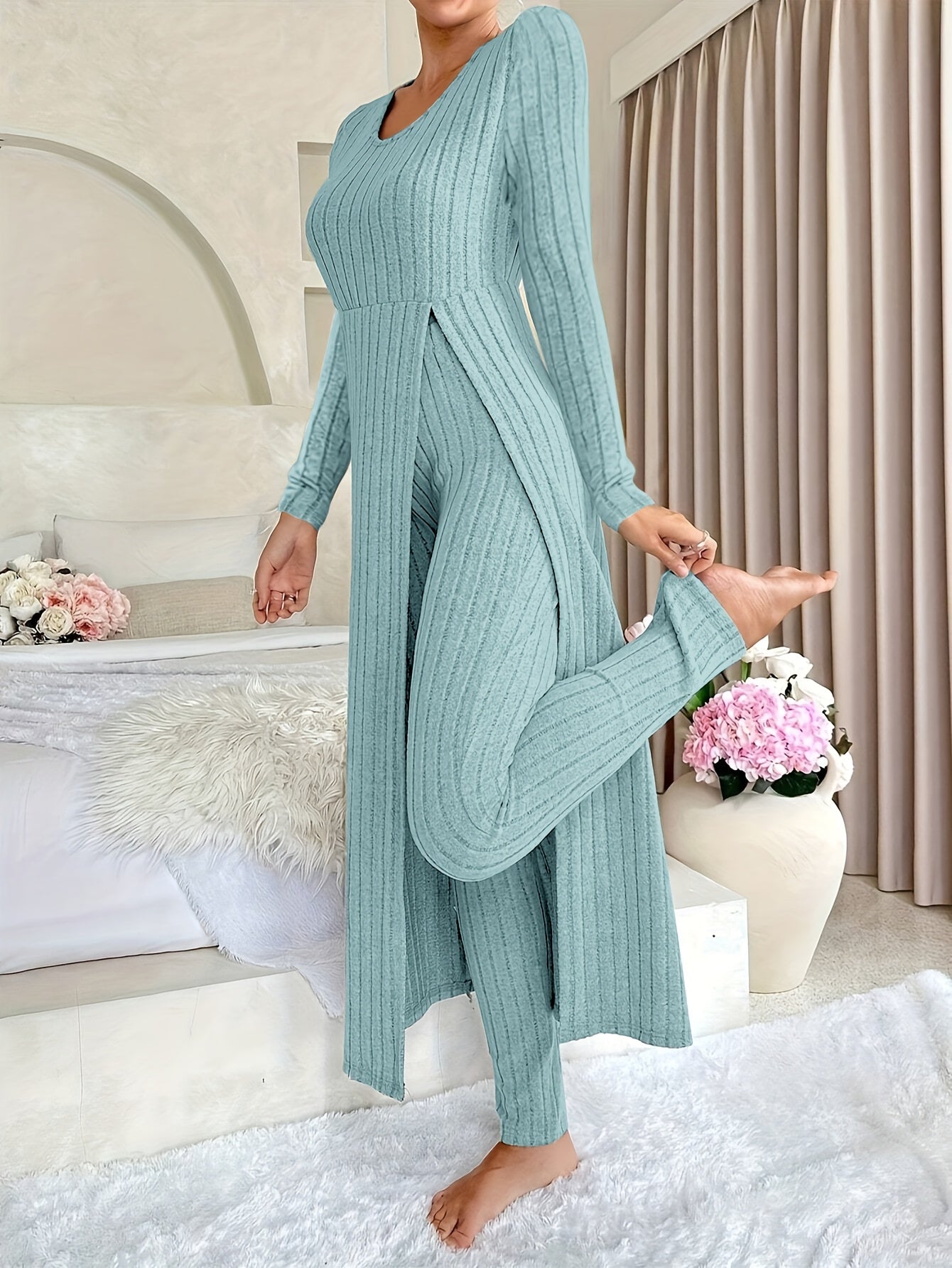 [Targeted]Two-piece Set of Ribbed Long-sleeved Top and Pants for Women