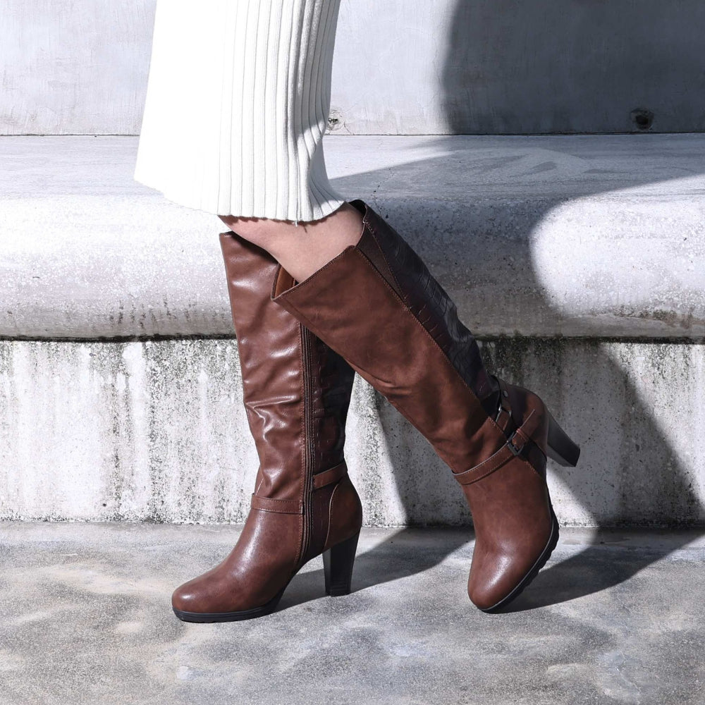 Women's Chunky Heel Knee-High Boots - Full-Length Round Toe PU Dress Boots with Back Zipper Closure, Thick Platform Heel (TPR Sole) & PU - Elegant Brown/ for Dresses, Skirts, Jeans - Versatile Fall Outfit