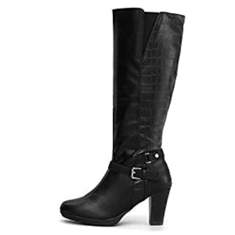 Women's Chunky Heel Knee-High Boots - Full-Length Round Toe PU Dress Boots with Back Zipper Closure, Thick Platform Heel (TPR Sole) & PU - Elegant Brown/ for Dresses, Skirts, Jeans - Versatile Fall Outfit
