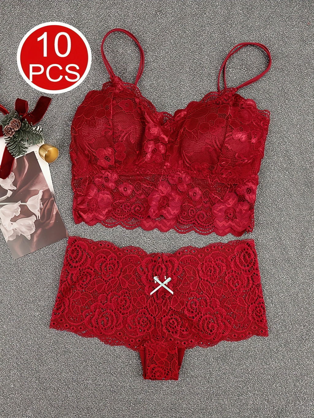 10pcs Of Women'S Underwear And Panties Combination Set Without Steel Rims, Comfortable Daily Exquisite Lace Bra Base, Beautiful Back, Seamless Suspender with Chest Cushion, Detachable Bra, Lace Underwear, Women'S Underwear An
