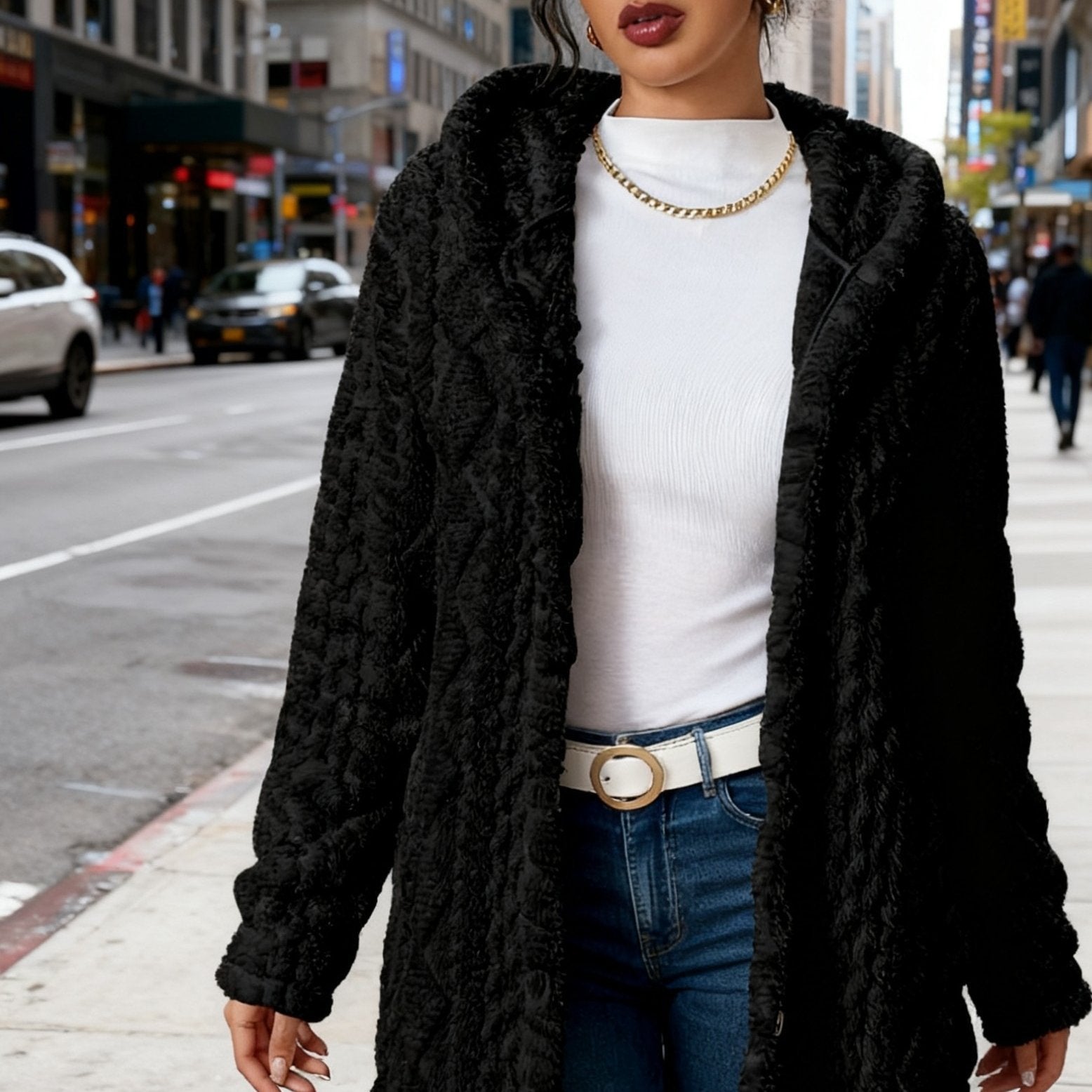 Women's Plush Fuzzy Hooded Cardigan Coat - Luxe Cable--Like Jacket with Button-Front Closure, Soft Beige Winter Sweater for Blouses & Jeans, Hand Washable Mid-Length Outerwear (No Belt)