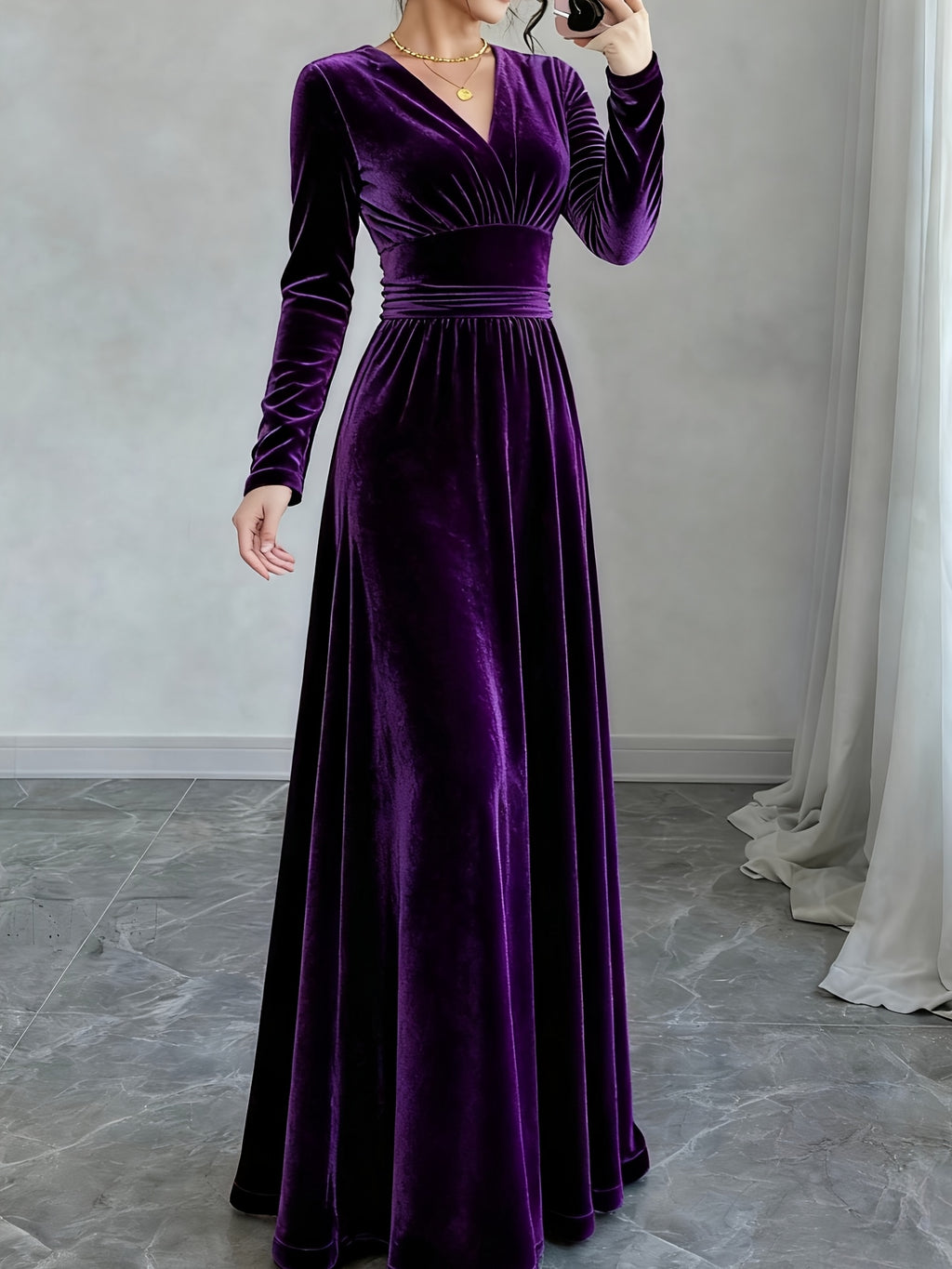 Women'S Elegant Navy Formal & party dress - Long Sleeve flared gown, V-Neck Evening Gown for Galas, Awards, Everyday - Fall Winter Formal Attire