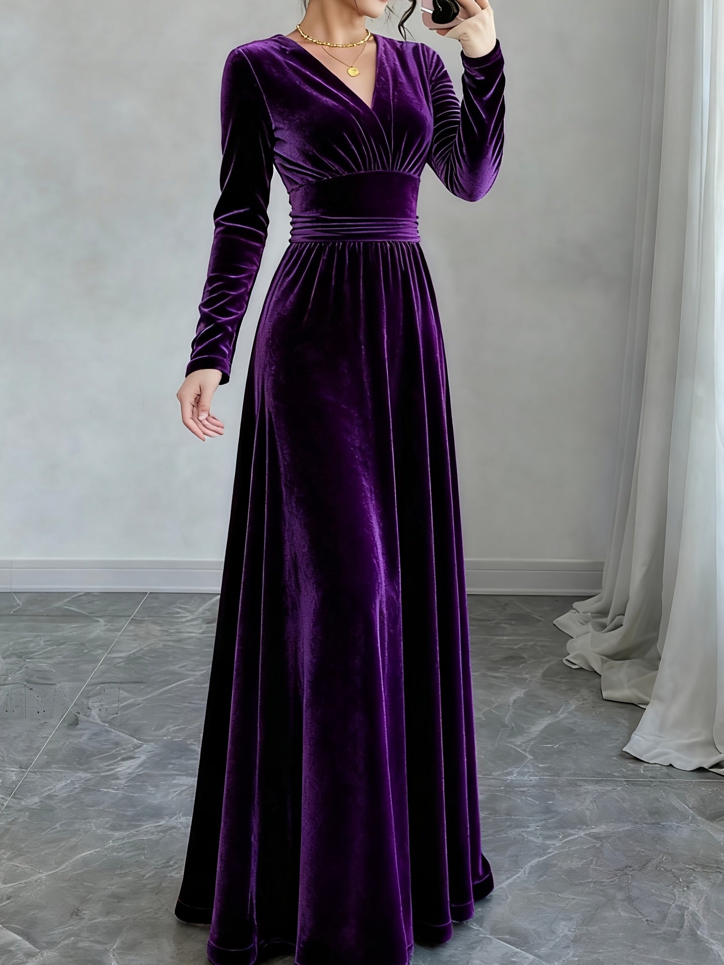 Women'S Elegant Navy Formal & party dress - Long Sleeve flared gown, V-Neck Evening Gown for Galas, Awards, Everyday - Fall Winter Formal Attire