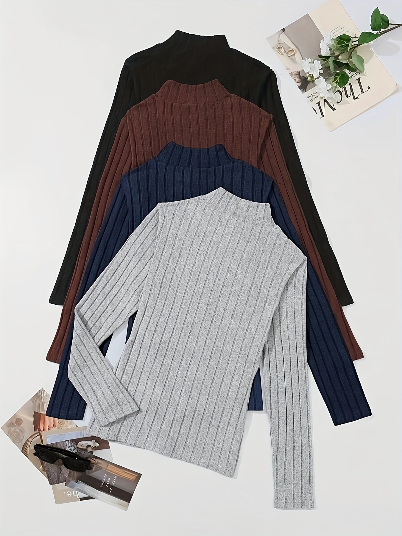 4pcs Solid Color Ribbed T-Shirt Set